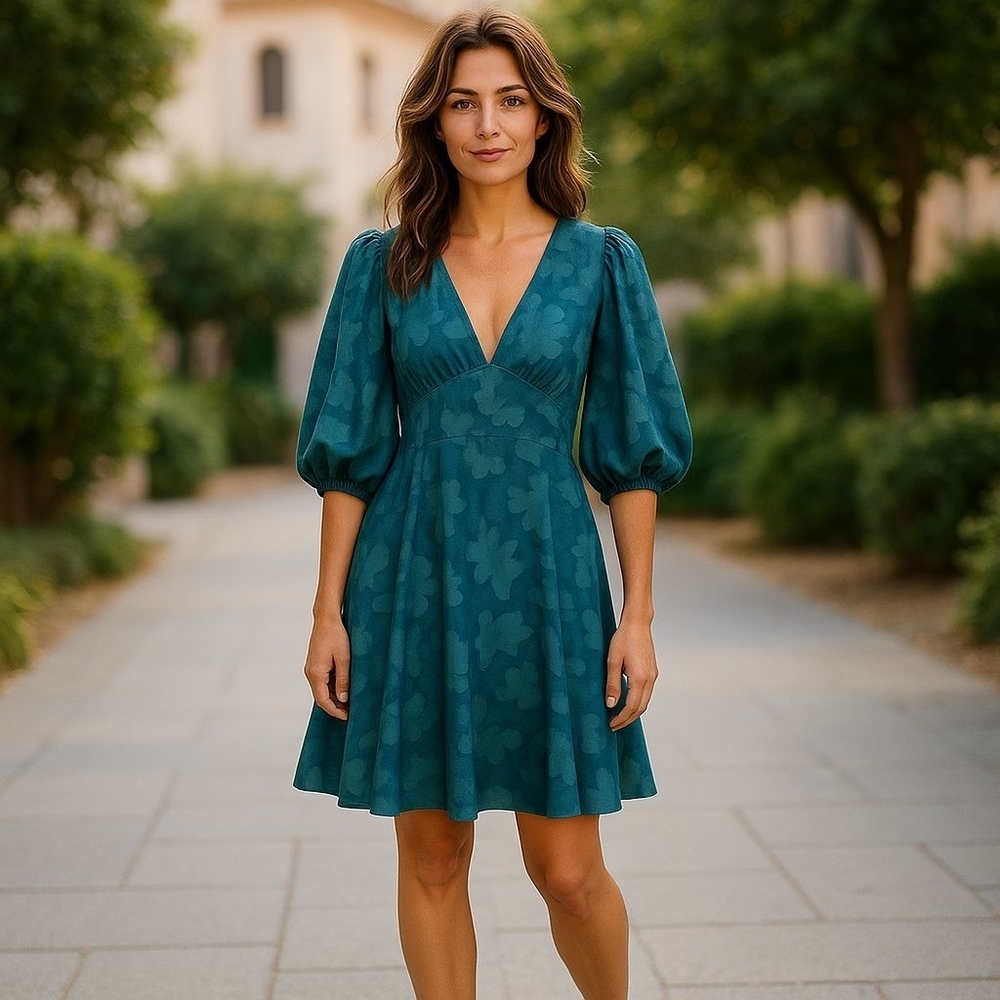 Anthropologie Jacquard Tunic Dress Green Teal Puff Sleeve Size 2P